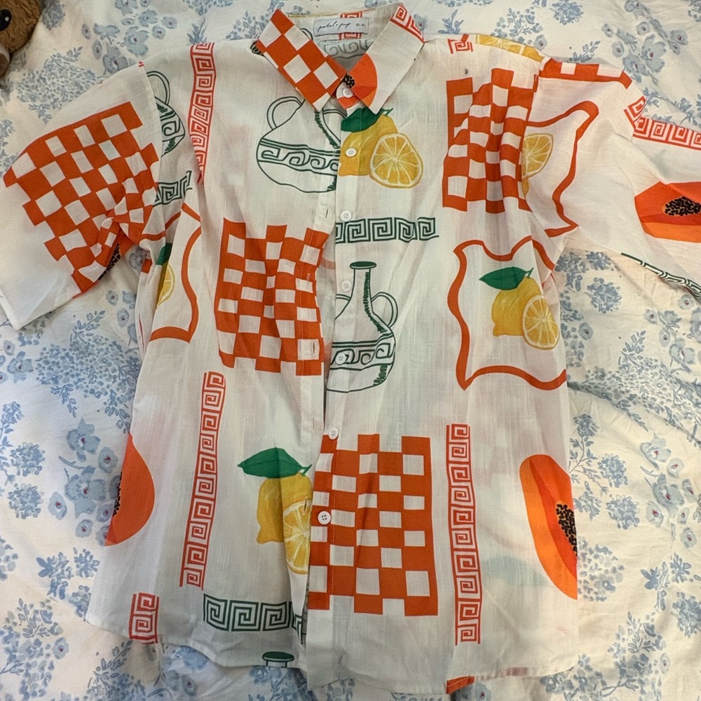 Petal & Pup White Button-Up Shorts Set with Orange & Green Graphic Print